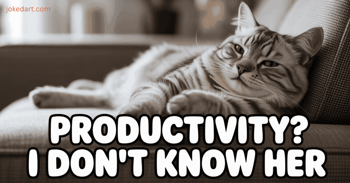 A lazy cat relaxing on a couch with a funny caption about avoiding productivity.