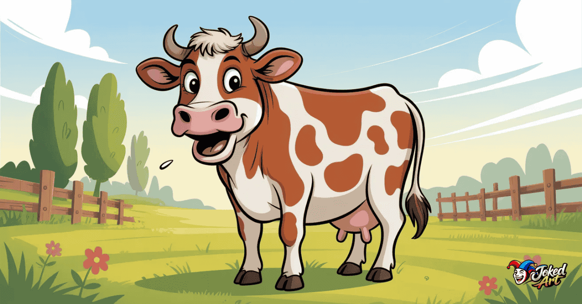 Smiling cow in field representing best funny cow puns