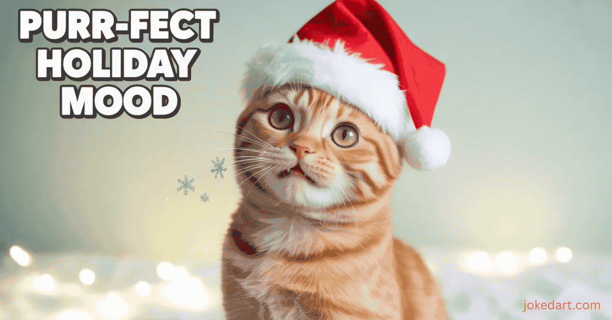 cat holiday puns image showing festive cat with seasonal theme and playful humor