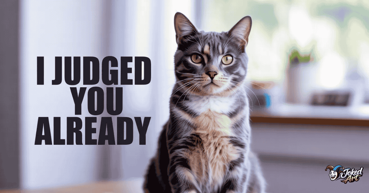 Funny cat puns image showing a judgmental cat with sarcastic attitude and meme-style humor