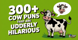 Funny cartoon cow with speech bubble showing cow pun for 300+ cow puns list
