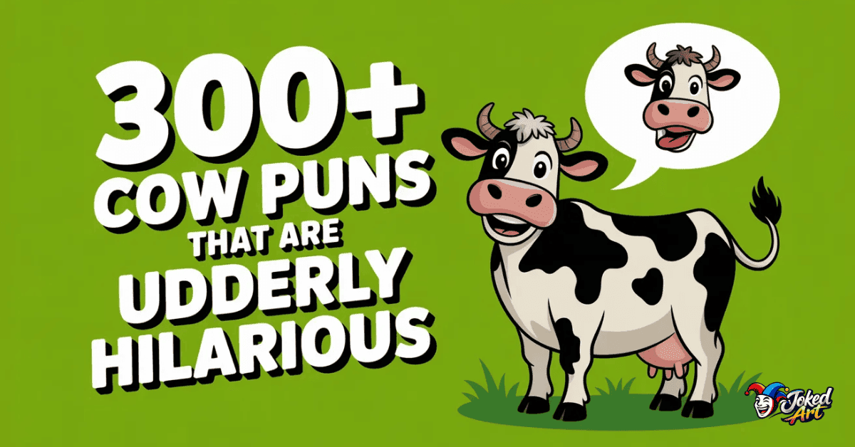 Funny cartoon cow with speech bubble showing cow pun for 300+ cow puns list