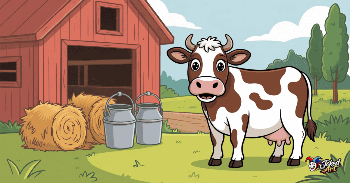 Cow near barn and milk buckets representing dairy and farm cow puns