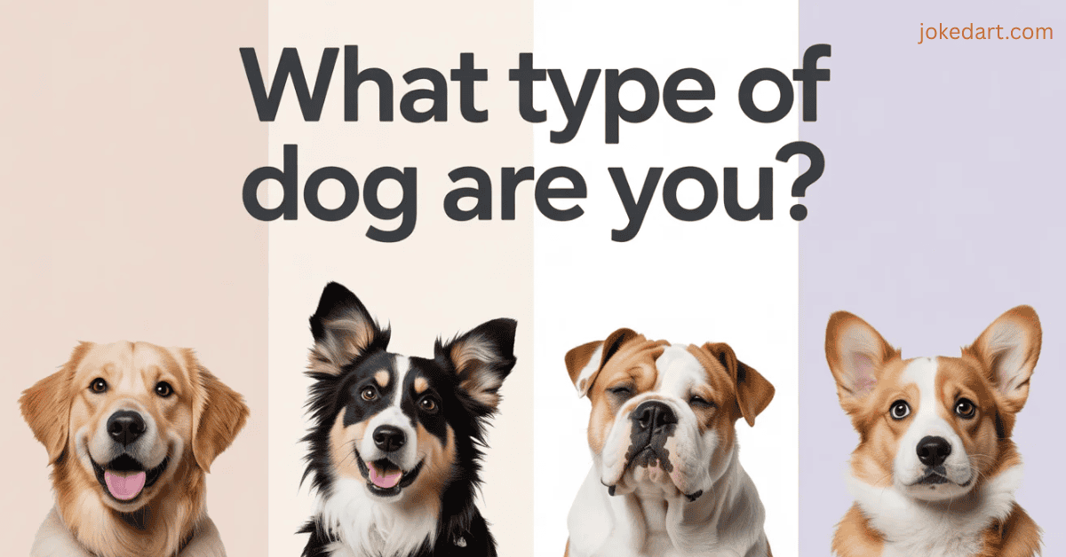 Dog personality quiz image with different dog expressions and playful humor theme