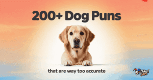 Funny dog puns featured image with cute expressive dog and text 200+ dog puns that are way too accurate