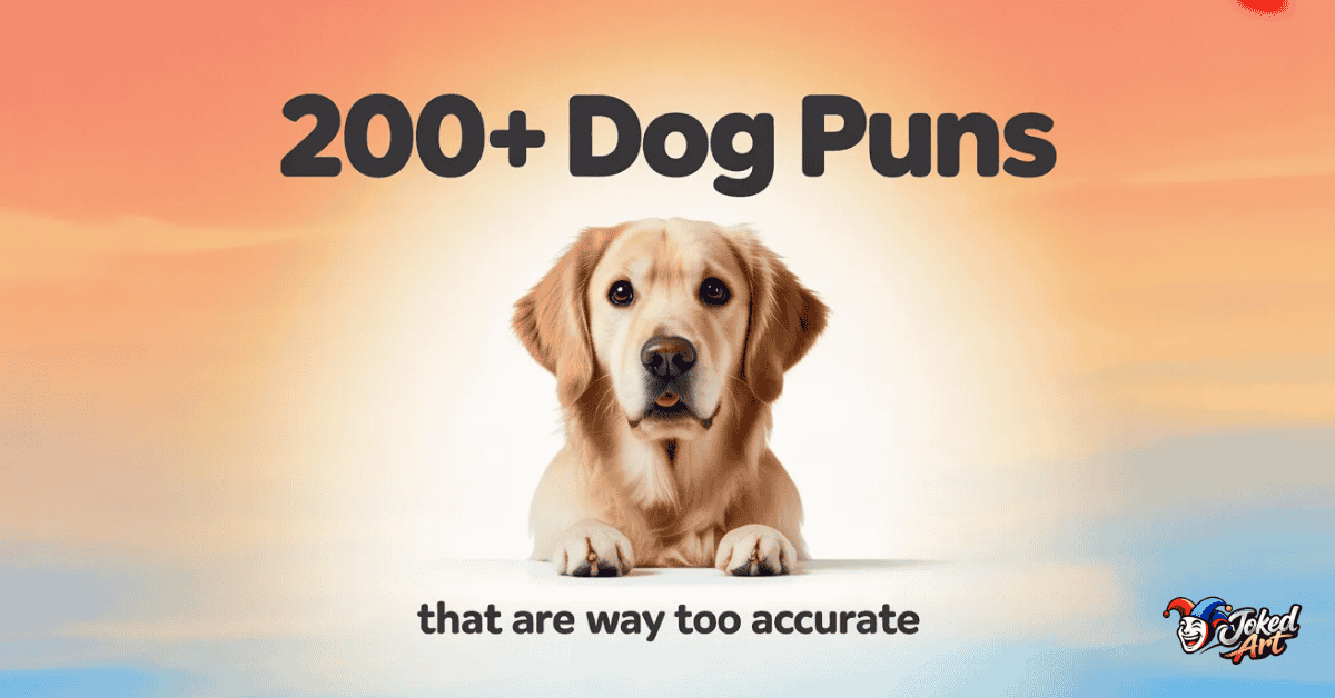 Funny dog puns featured image with cute expressive dog and text 200+ dog puns that are way too accurate