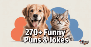 Funny animal puns and jokes with dog and cat in a colorful meme-style design