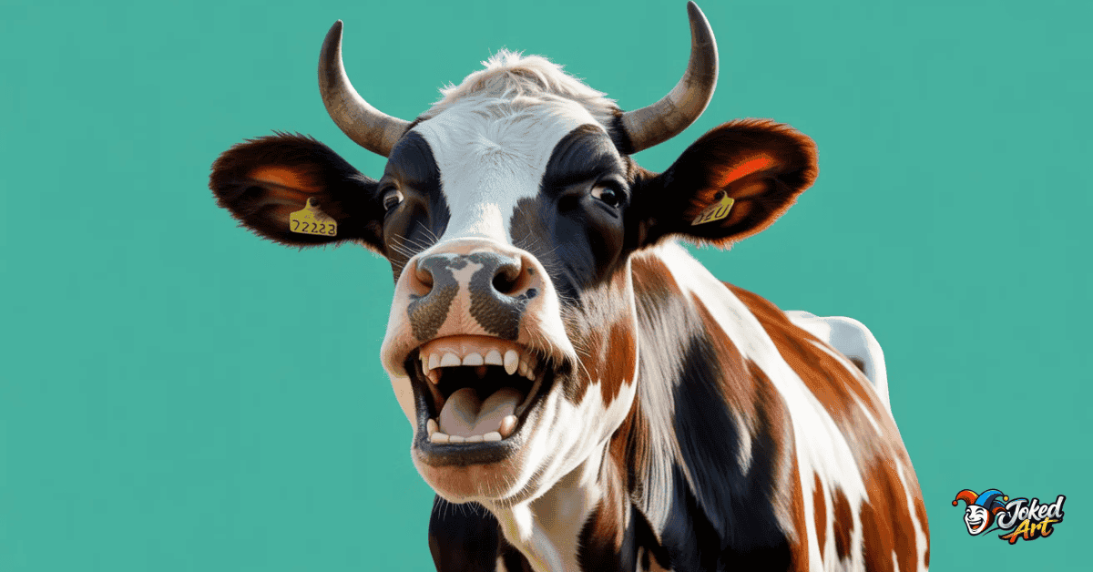 Funny cow laughing meme representing humorous cow puns