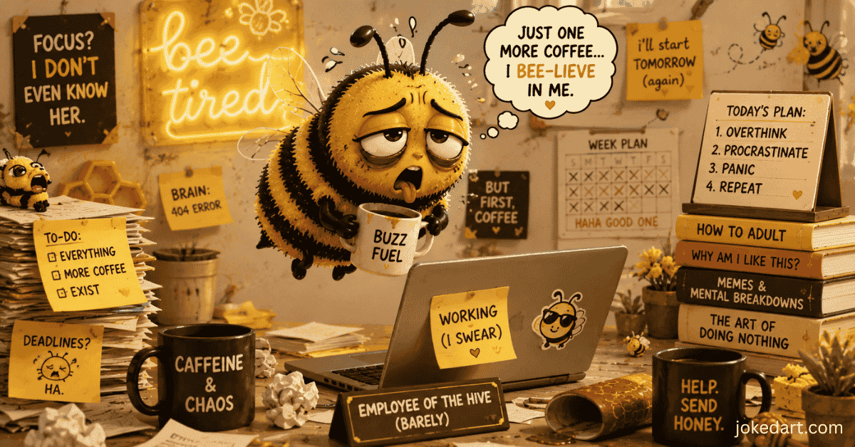 Overworked cartoon bee with relatable meme energy