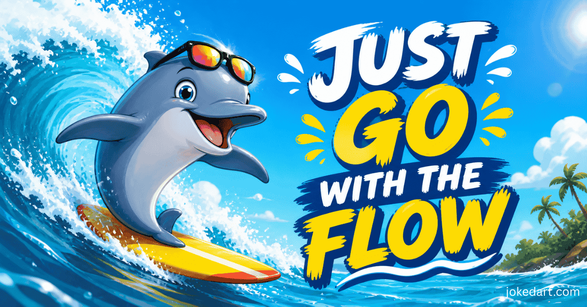 dolphin surfing wave with go with the flow pun