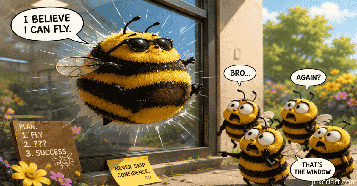 Chaotic bumblebee flying into a window in funny cartoon style