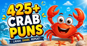 Funny crab puns featured image with cartoon crab and ocean background