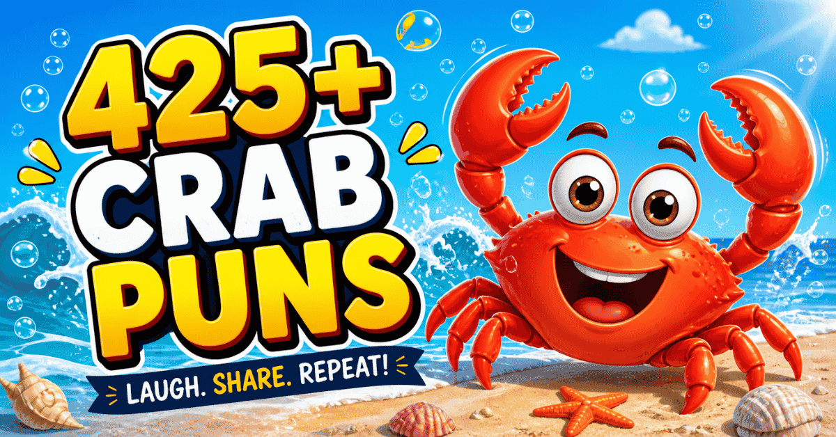 Funny crab puns featured image with cartoon crab and ocean background