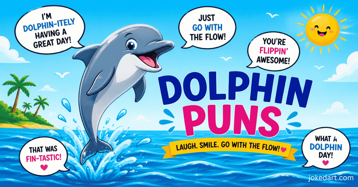 funny dolphin puns illustration with cartoon dolphin and ocean background