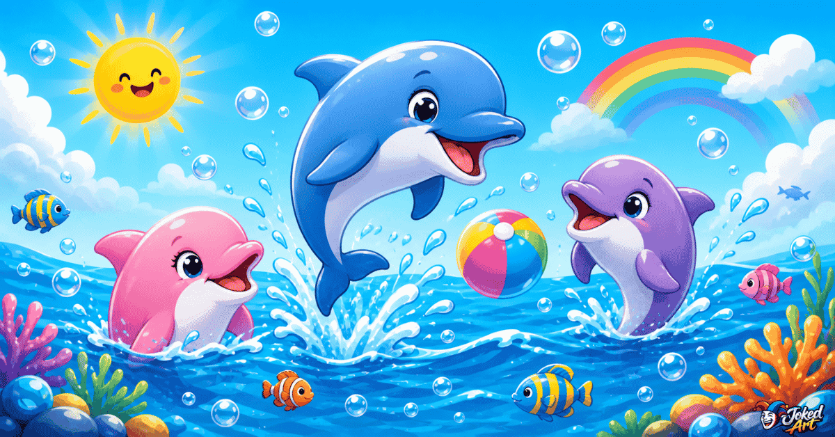 cartoon dolphins playing in water for kids funny puns illustration