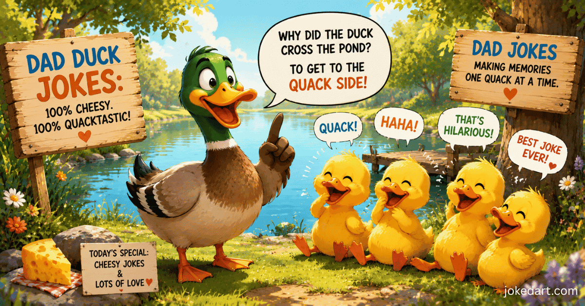 Funny dad duck telling jokes to ducklings illustration