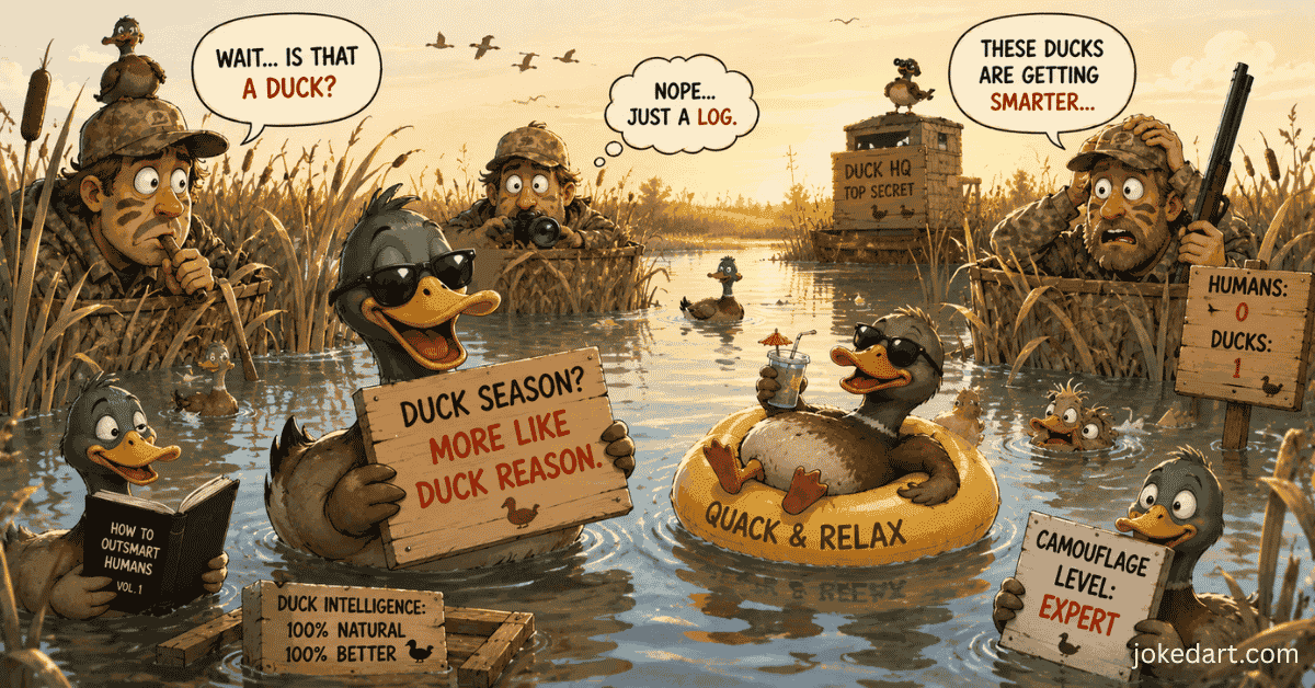 Cartoon duck hunting humor illustration with marsh scenery