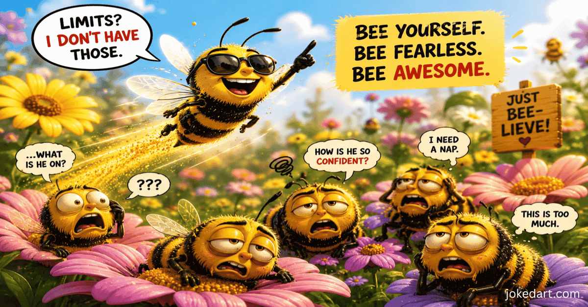 Funny cartoon bee acting overly confident near flowers