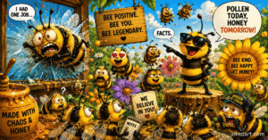 Funny bee puns illustration with chaotic cartoon bees and honey humor