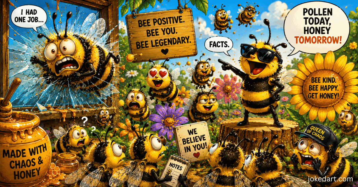 Funny bee puns illustration with chaotic cartoon bees and honey humor
