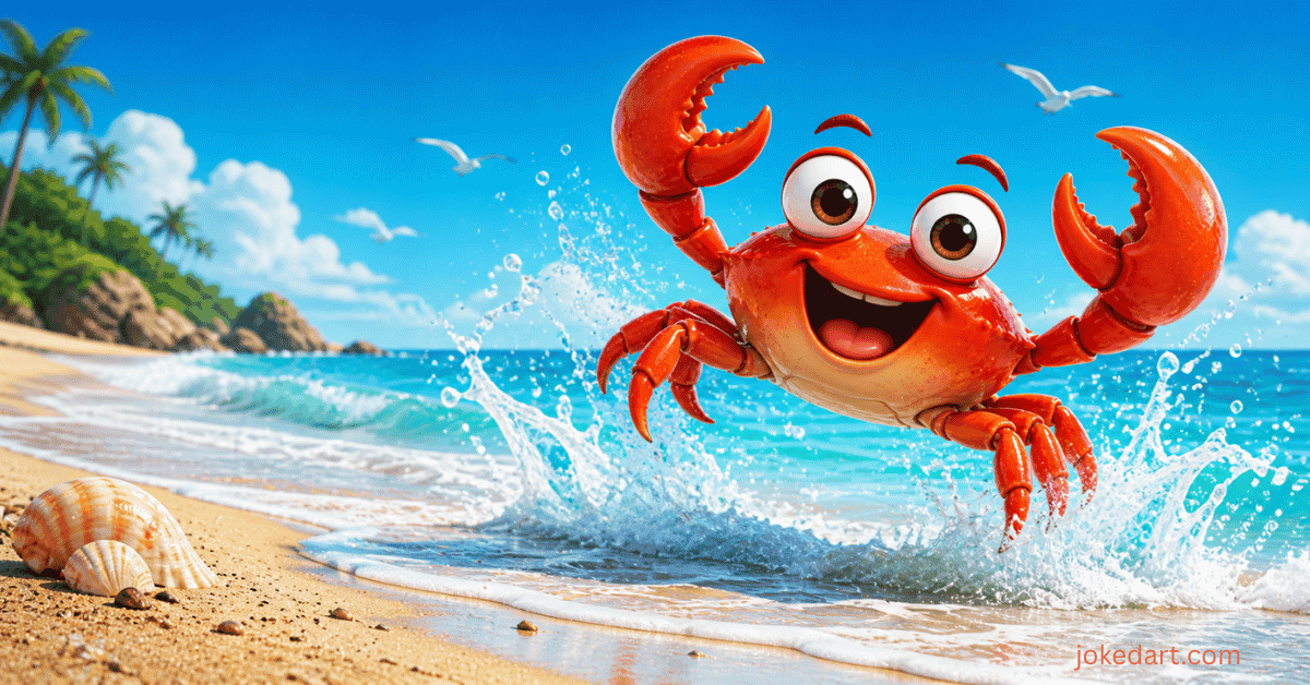 Funny crab jumping in ocean with splash illustration