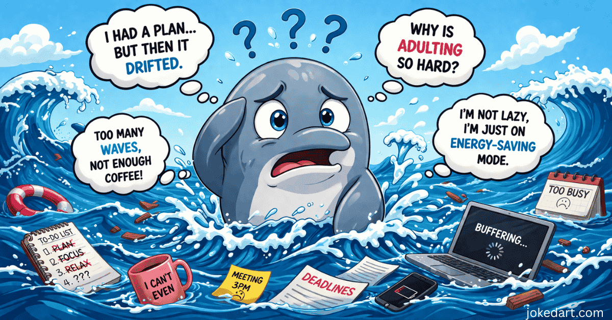 funny dolphin confused expression with chaotic ocean waves pun