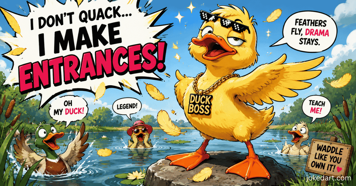 Funny cartoon duck looking dramatic near pond for duck puns blog