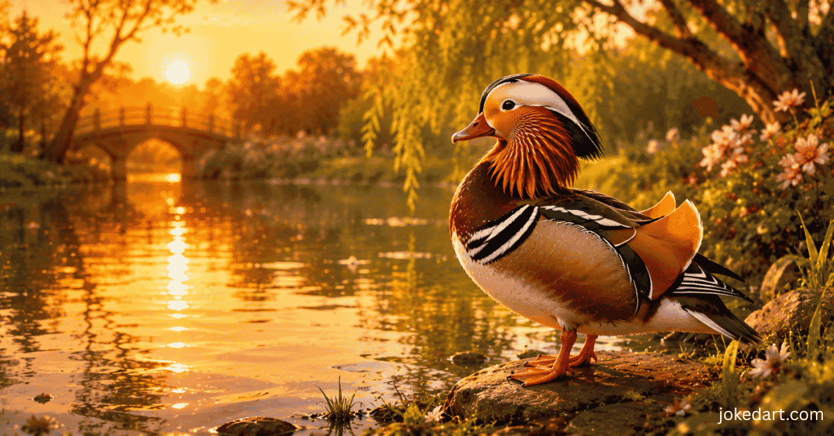 Peaceful original duck standing near reflective pond water at sunset