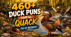 Funny semi-realistic Mandarin ducks near a pond for Duck Puns blog featured image