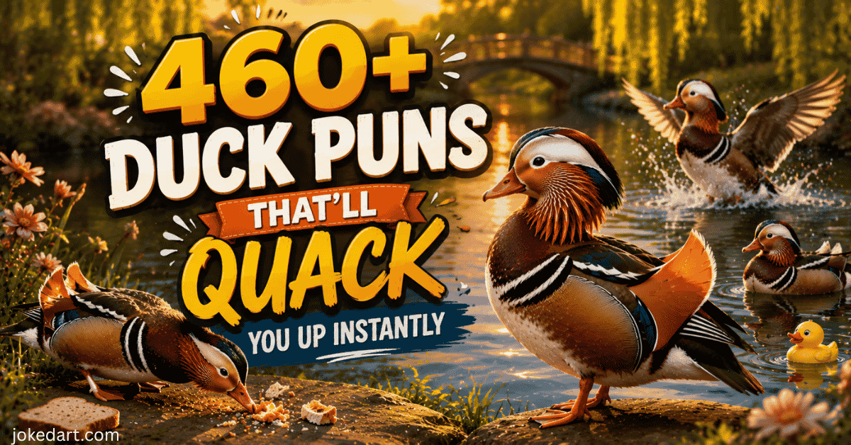 Funny semi-realistic Mandarin ducks near a pond for Duck Puns blog featured image