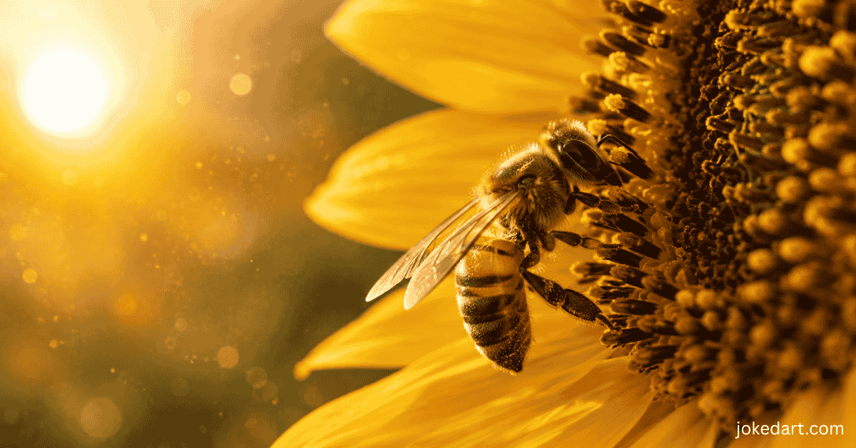 Realistic honeybee resting on a sunflower during warm golden hour sunlight