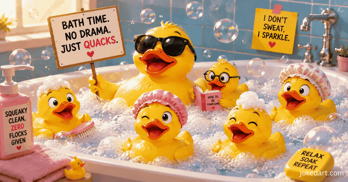 Funny rubber duck floating in bubble bath for rubber duck puns