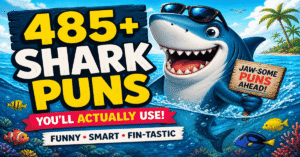 Funny shark puns illustration with cartoon shark and ocean theme