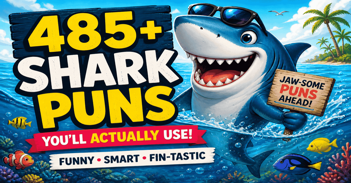 Funny shark puns illustration with cartoon shark and ocean theme