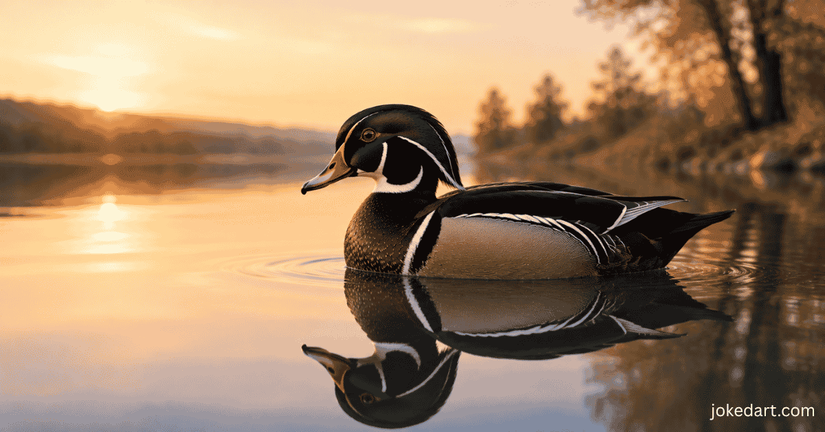 wood duck floating on reflective lake water