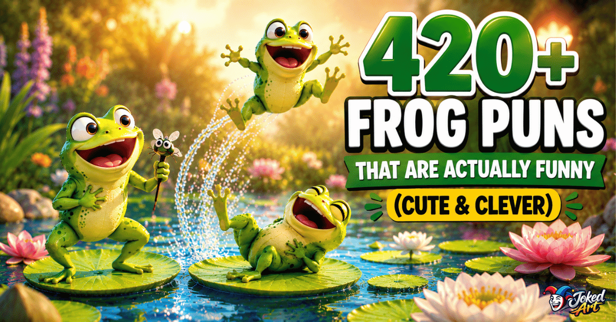 Three funny cartoon frogs laughing and jumping across lily pads in a sunny pond for a frog puns article.