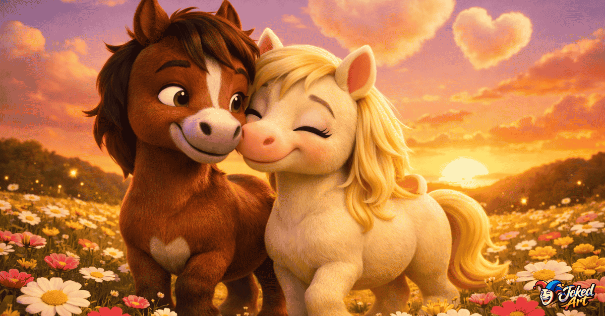 Two cartoon horses sharing a sweet romantic moment in a pasture.