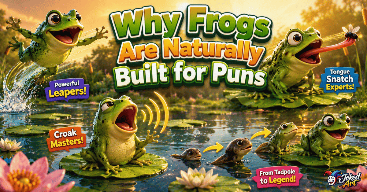 Funny frog showing off jumping, sticky tongue, croaking, and tadpole transformation traits.