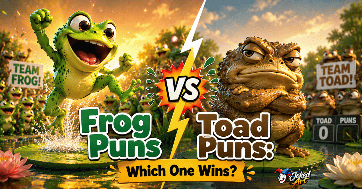 Energetic frog and grumpy toad standing side by side showing different personalities.