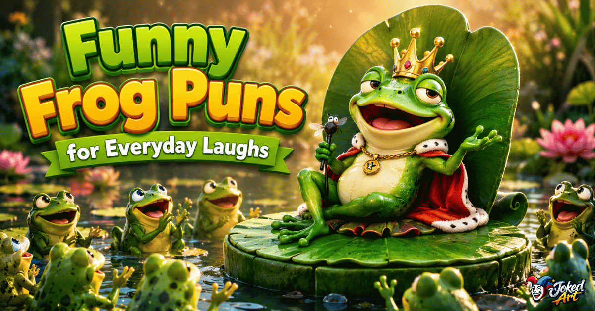 Confident cartoon frog sitting like a king on a lily pad surrounded by smaller frogs.
