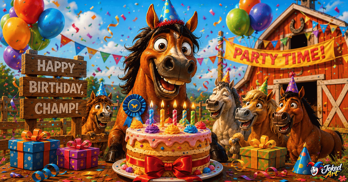 Cartoon horse celebrating a birthday with cake, balloons, and party decorations.