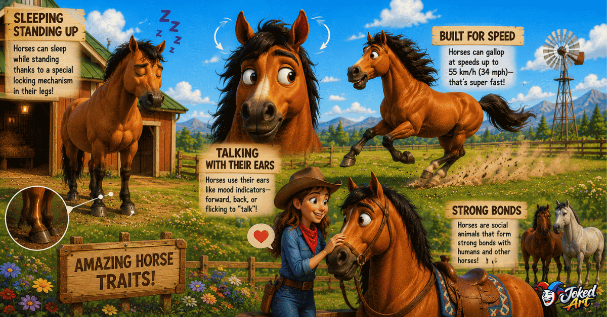 Cartoon horse demonstrating unique horse traits and behaviors
