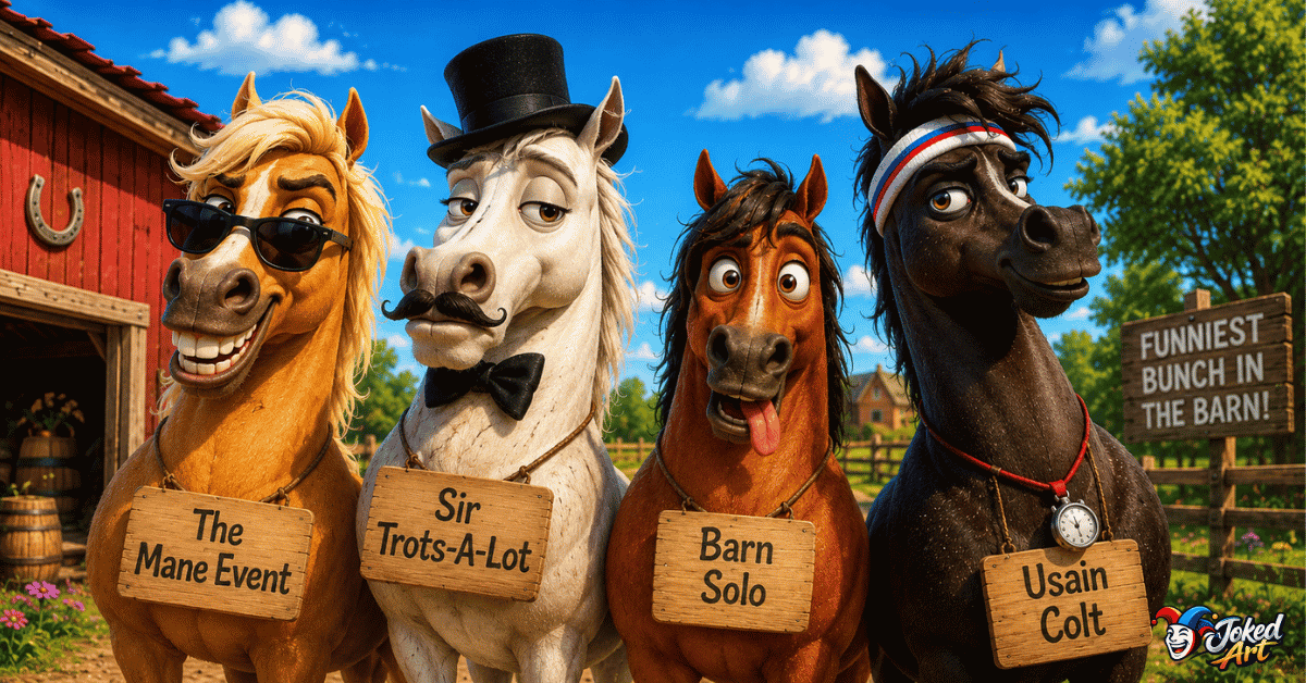 Cartoon horses with humorous name tags and playful personalities.