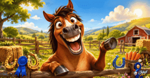 Funny cartoon horse laughing in a sunny ranch surrounded by horseshoes, carrots, ribbons, and playful ranch elements.