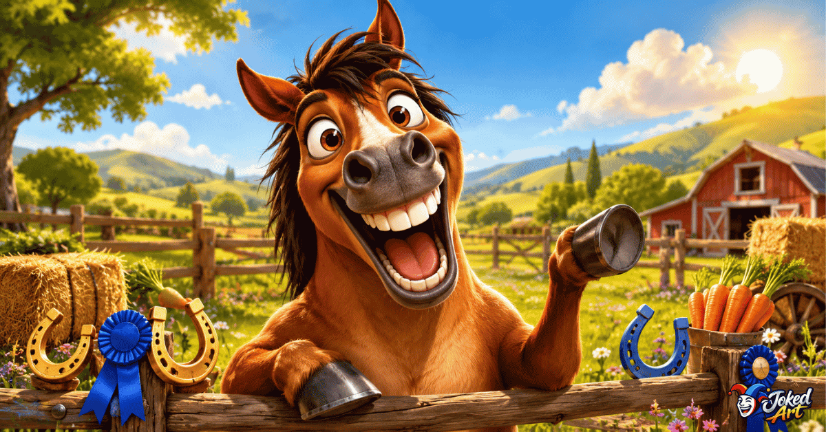Funny cartoon horse laughing in a sunny ranch surrounded by horseshoes, carrots, ribbons, and playful ranch elements.