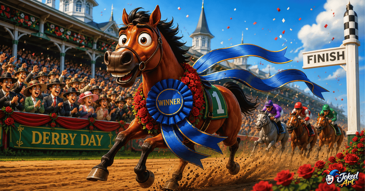 Cartoon racehorse speeding toward a finish line with humorous racing expressions.