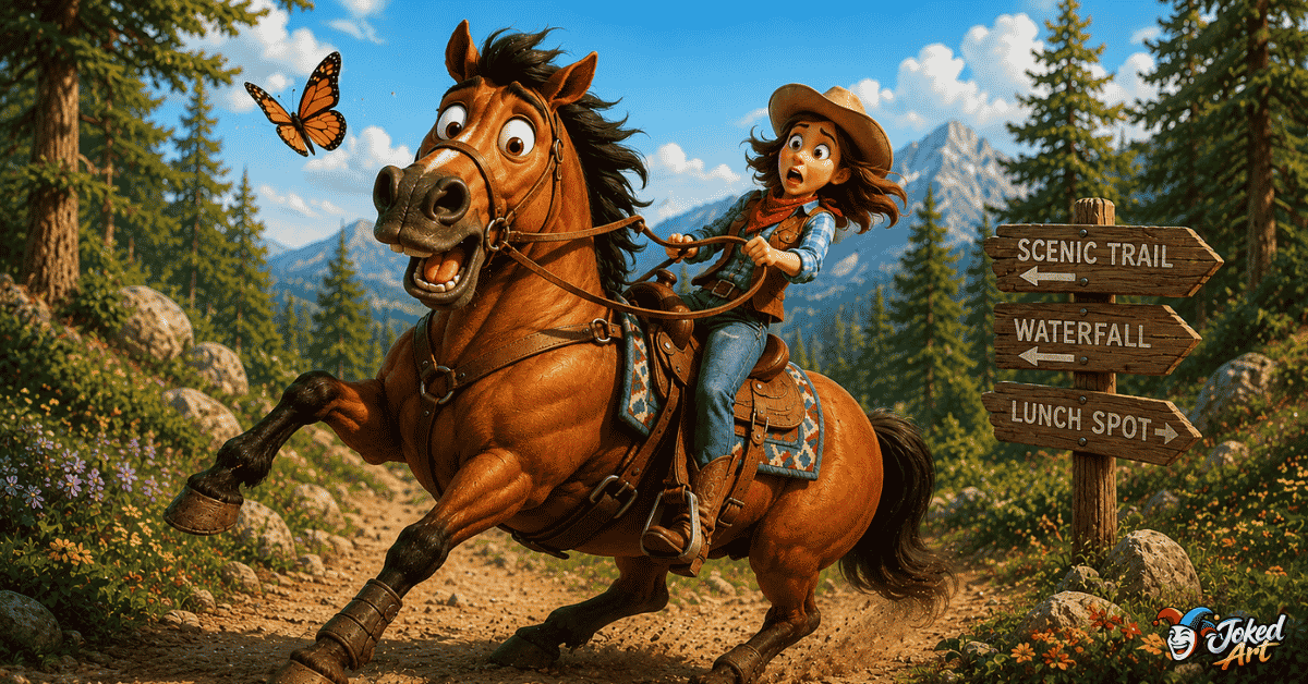 Cartoon rider and horse experiencing a funny trail-riding adventure.
