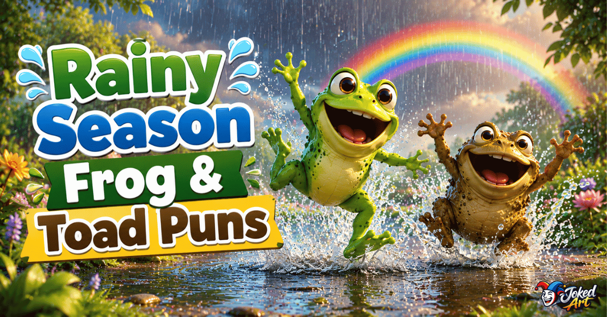 Happy frog and wise toad celebrating during a rainstorm with puddles and rainbow.