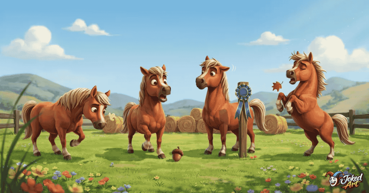 Cartoon horse showing curiosity, surprise, confidence, and dramatic reactions in a humorous ranch scene.
