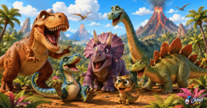 Best Dinosaur Puns with funny cartoon dinosaurs laughing together
